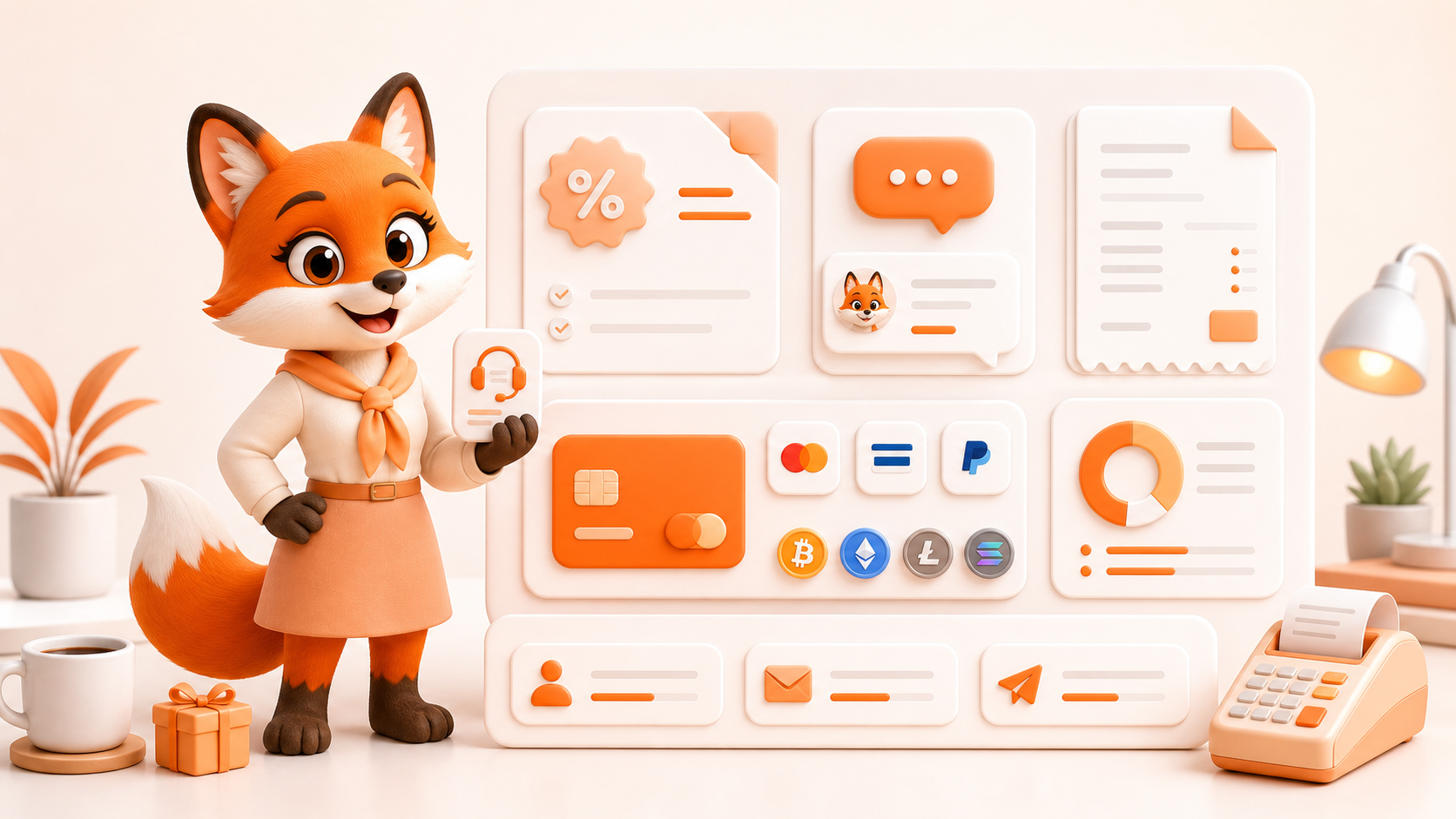 Female Proiga fox presenting launch discount, support, checkout, invoices, and payment options